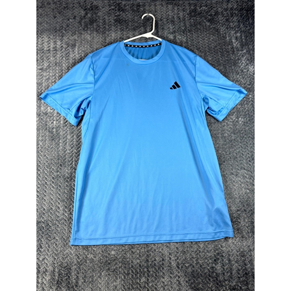 Adidas Workout T Shirt Mens L Blue Mesh 3 Stripe‎ Performance Training Crewneck